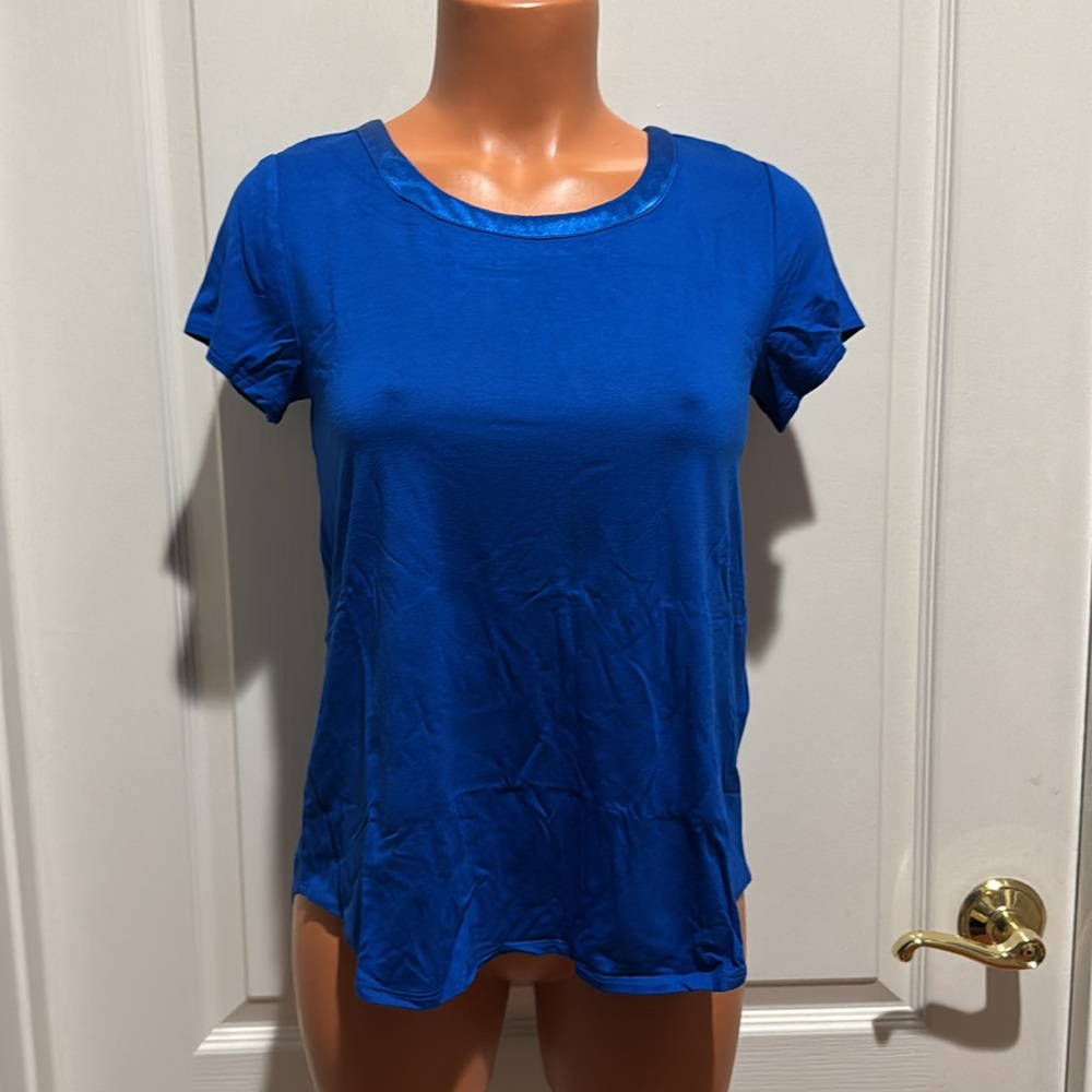 ALFANI Satin-Trim High-Low T-Shirt PS SP Petite Small Cobalt Sea Blue $35 NWT
